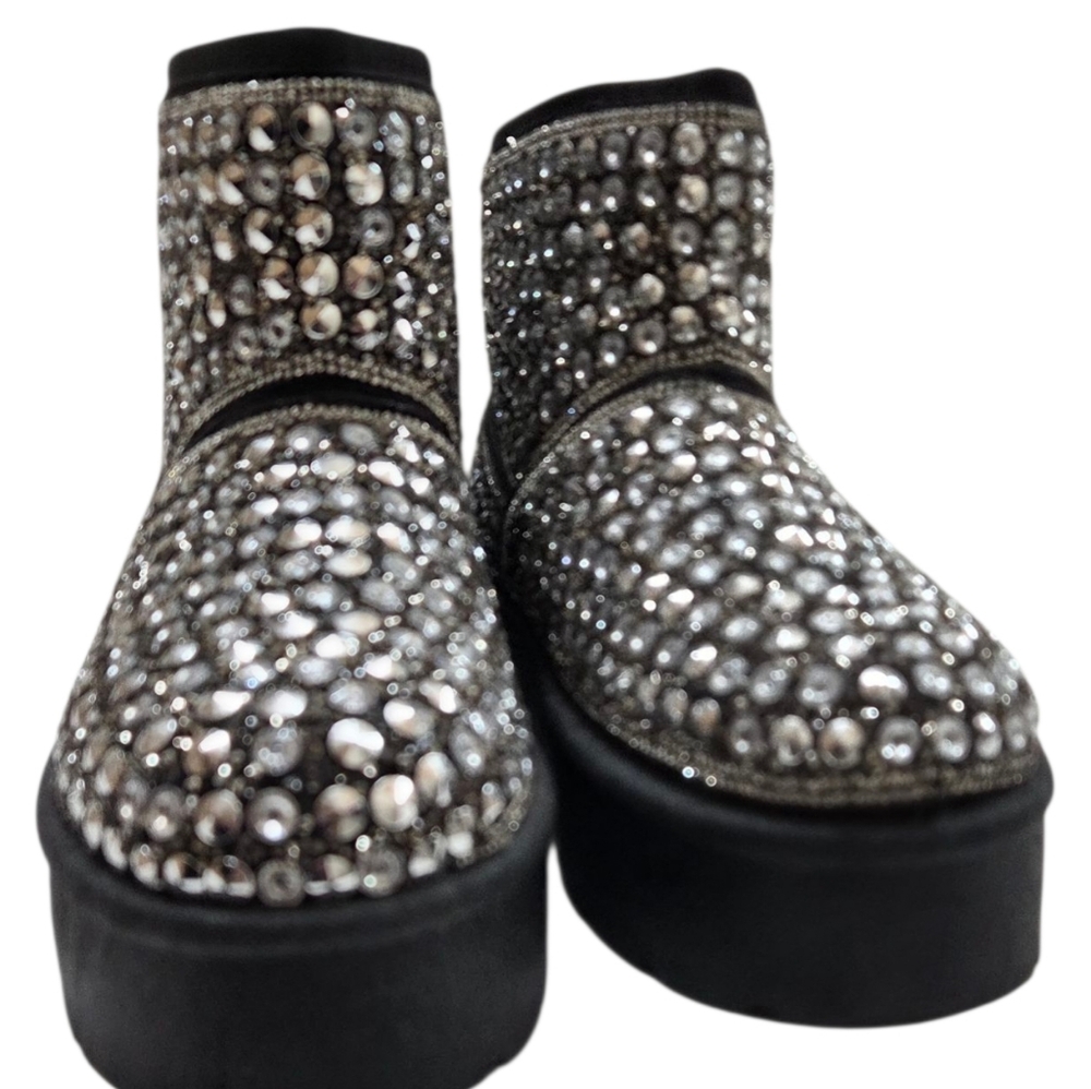 ROUGE Faux Fur Lined Studded Rhinestone Platform Ankle Boots Size 8 Black Silver - Picture 9 of 16